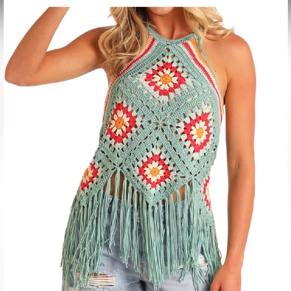 Rock&Roll Denim Tops - Rock & Roll Denim Women's Crochet Fringe Halter Top M 153